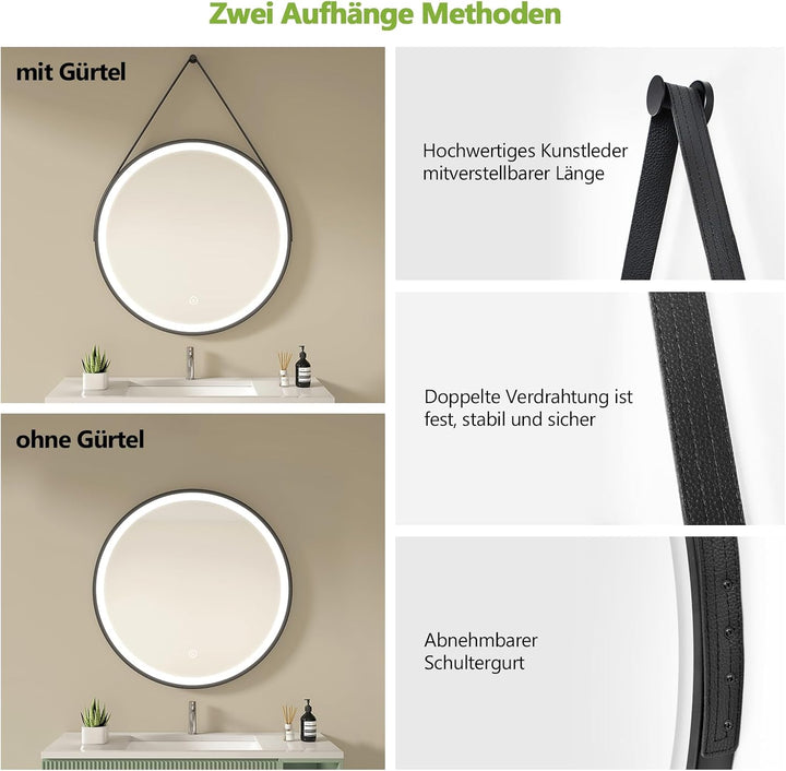 S'AFIELINA Badspiegel Rund mit Beleuchtung 60cm Durchmesser LED Badspiegel mit Touchschalter Dimmbar