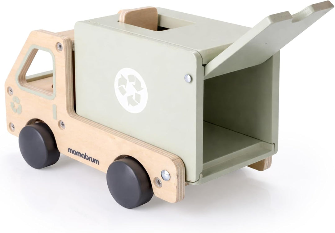 mamabrum Holz-Müllwagen mit Zubehör, Lernspielzeug für Kinder ab 3 Jahren, MDF, Natur und Grün, 2 Ho