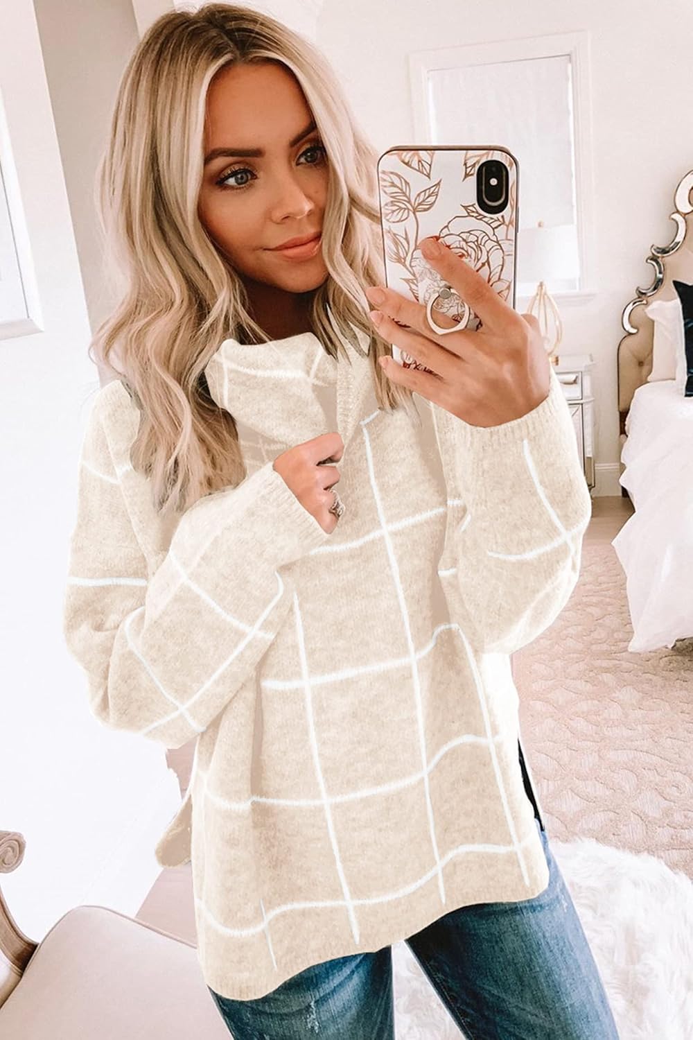 ASOMI Strickpullover Damen Gestreift Kariert: Elegant Rollkragen Pullover Winterpullover Warm Herbst