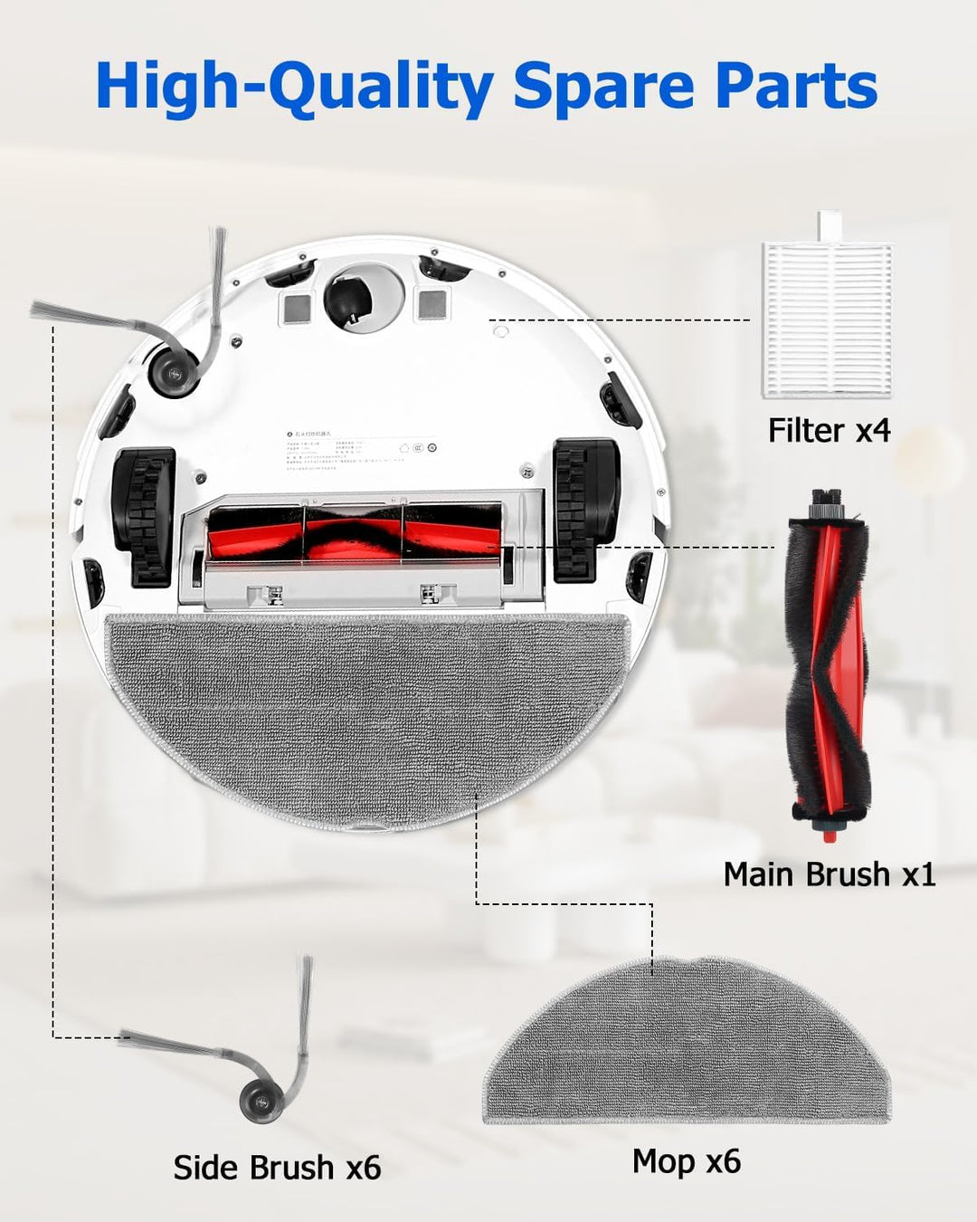 Zubehörset für Roborock Q7 M5/Q7 M5+/Q7 L5/Q7 L5+ Saugroboter, 1 Hauptbürste, 4 Hepa-Filter, 6 Wisch