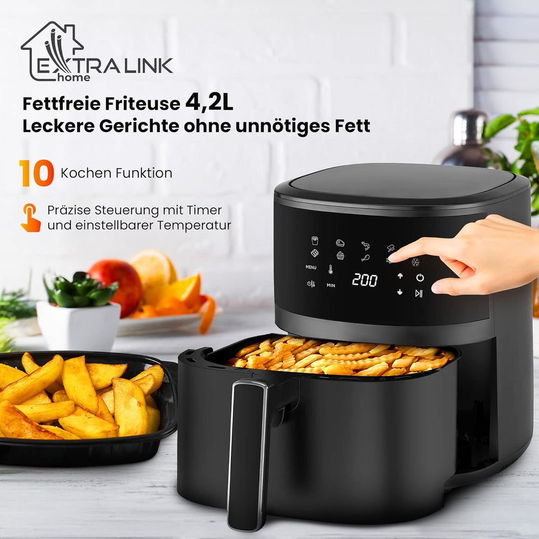 Extralink 1400W Airfryer 4.2L - Heissluftfritteuse mit 10 Kochfunktionen, Friteuse Heissluftfritteus