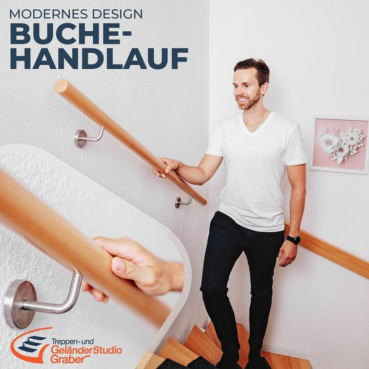 Handlauf Set Holz Buche 45mm rund Lack 1600mm Länge inkl. 2 Edelstahlhalter 160 cm + 2 Halter, 160 c