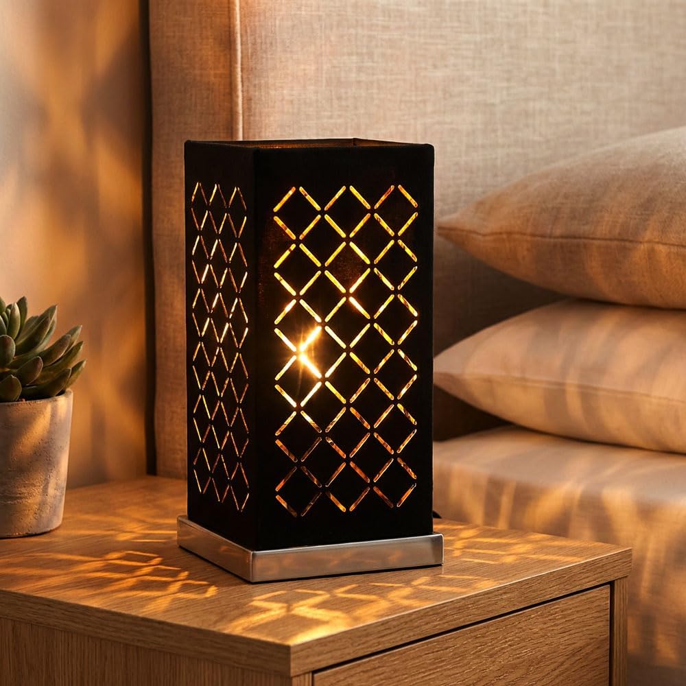 Tisch Lampe Textil Strahler Wohn Zimmer Dekor Stanzungen Leuchte schwarz gold Globo 15229T1, bunt, m