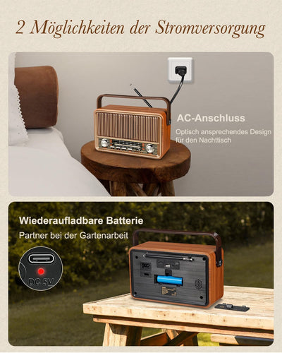 PRUNUS J-120 AM/FM/SW Retro Radio Klein, Kofferradio mit 1800mAh Akku, oder AC-Strom, Küchenradio No