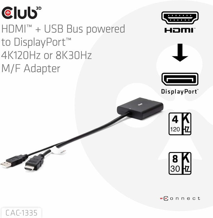 Club 3D CAC-1335 HDMI+ Micro USB auf DisplayPort 4K120Hz oder 8K30Hz St/B Aktiver Adapter, CAC-1335