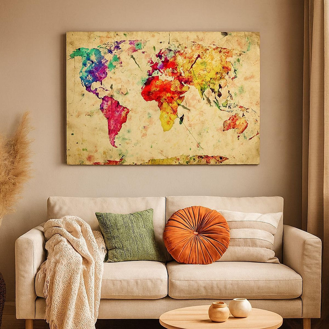 Bilder auf Leinwand 100x70cm Leinwandbild mit Rahmen Karte Welt modern Gross Wanddeko Bild Schlafzim