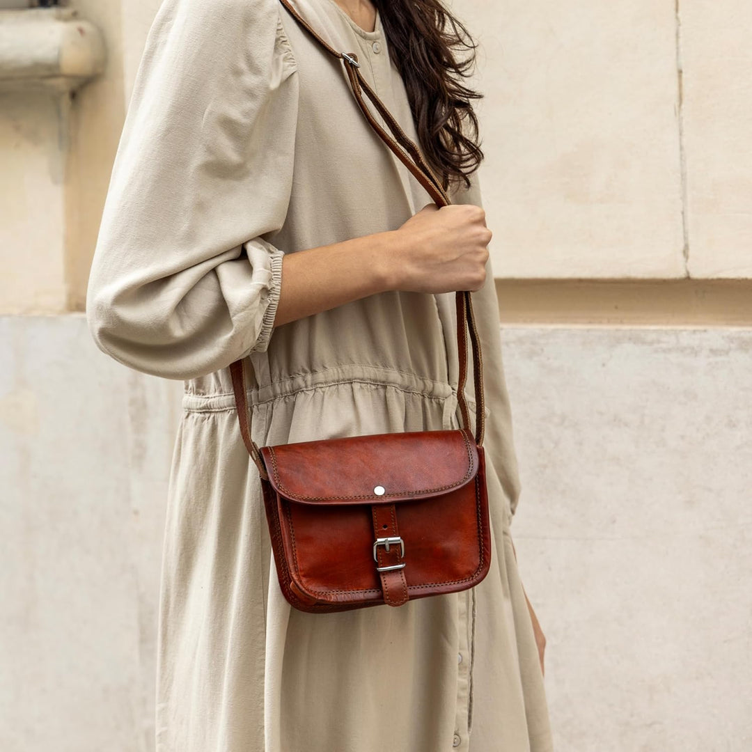 Gusti Umhängetasche Leder - Mary S Damen Handtasche Umhängetasche klein Vintage Braun Leder Braun S,