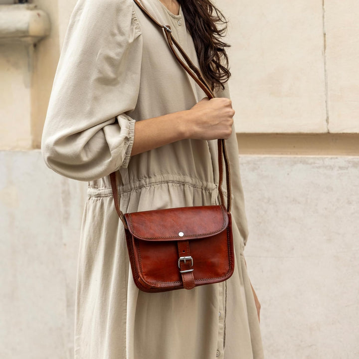 Gusti Umhängetasche Leder - Mary S Damen Handtasche Umhängetasche klein Vintage Braun Leder Braun S,