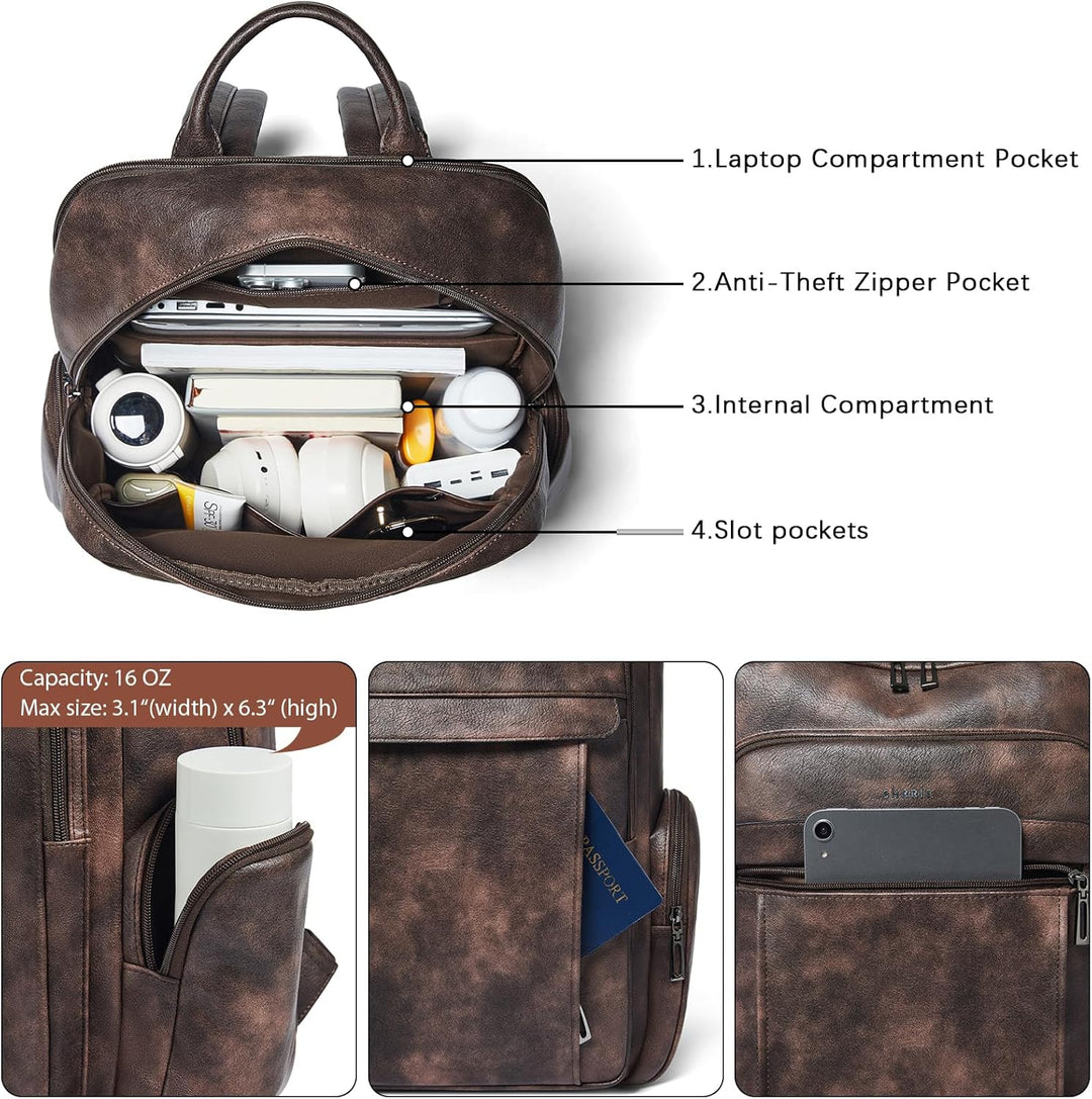 Shrrie Leder Laptop Rucksack für Frauen mit 17 Zoll Vegan Leder Computer Rucksack Tasche für Reise C