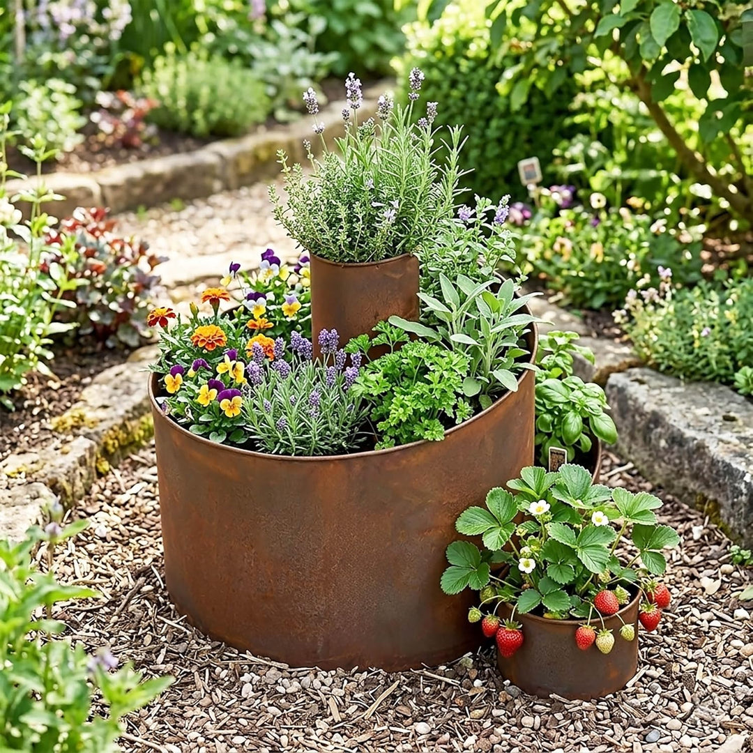 Spetebo Natur Rost Kräuterspirale aus Metall - 58,5x43x41 cm - Garten Kräuterbeet Kräuterschnecke Pf