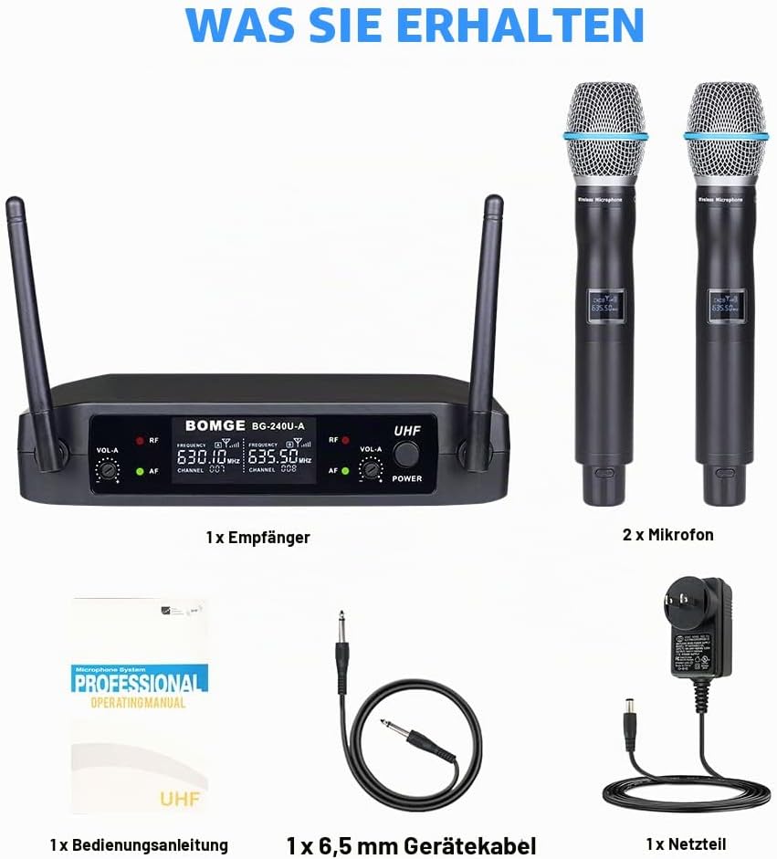 BOMGE UHF Metall Dual Handheld Wireless Mikrofone & Systeme für Karaoke, Gesang, Meeting, Party, Kir