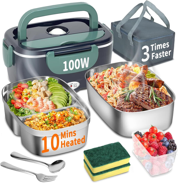 Elektrische Lunchbox 100W, 3-in-1 tragbare beheizte Lunchbox, Herausnehmbare Edelstahl-Brotdose, 12V
