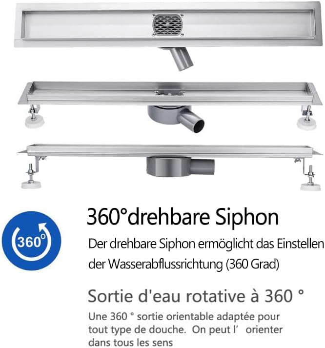 Duschrinne 110 cm Befliesbar 360 Grad Edelstahl komplettset Duschablauf Extra Flach Siphon mit Geruc