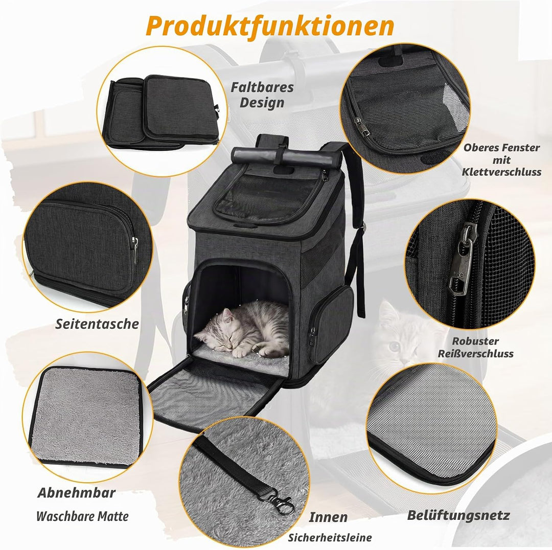 Katzenrucksack, Faltbarer Haustier-Tragerucksack für Katzen und kleine Hunde, Hunderucksack mit belü