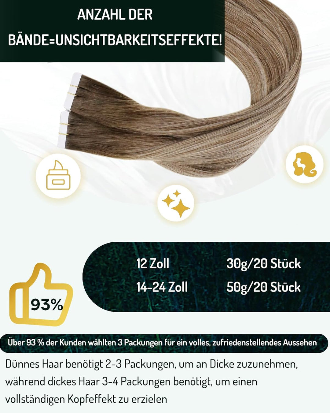 RUNATURE Ombre Tape in Extensions Echthaar Braun Blond Unsichtbare Haarverlängerung Remy Tape Extens
