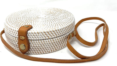 Trintura Rattan Tasche rund weiss mit langem Leder Riemen geflochten Damen Korbtasche Umhängetasche