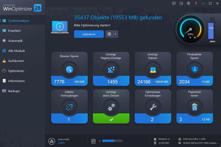 WinOptimizer 27 - 3 USER Lizenz - Tuning für Windows 11 10 7 - unbegrenzte Laufzeit - Sicher, Sauber
