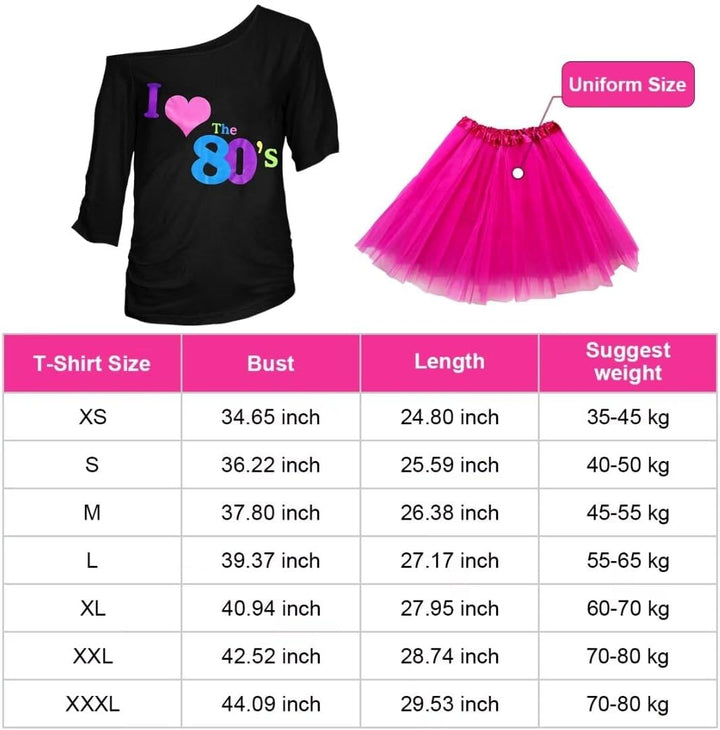 80er Jahre Outfit Damen Set, T-Shirt, Tutu, Gürteltasche, Stirnband, Ohrring, Halskette, Netzhandsch