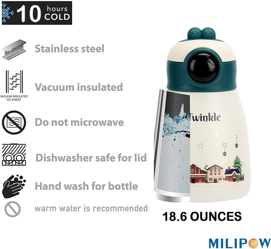 MiliPow Edelstahl Wasserflasche,Ultraleichter Vakuumbecher 550 ml – BPA-frei, auslaufsichere Thermos