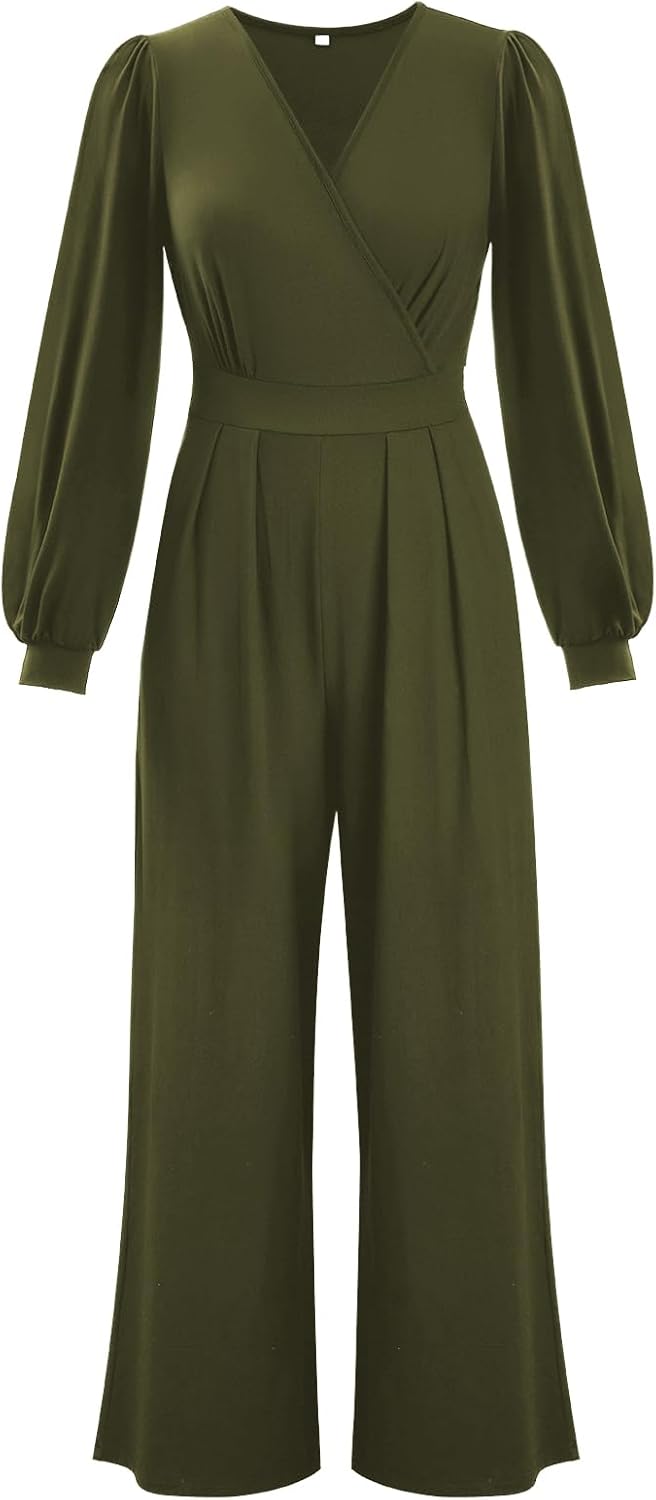 Tanmolo Damen Lang Jumpsuit Langarm V-Ausschnitt Overall Elegant Hosenanzug Weites Bein Romper Mit T