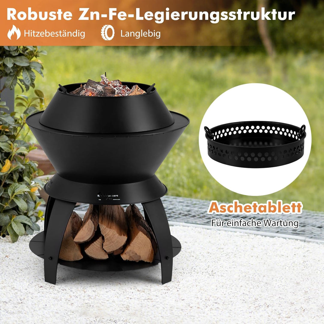 COSTWAY Feuerschale mit Topfhalter und Ablage, Feuerstelle mit rauchfreier sauerstoffangereicherter