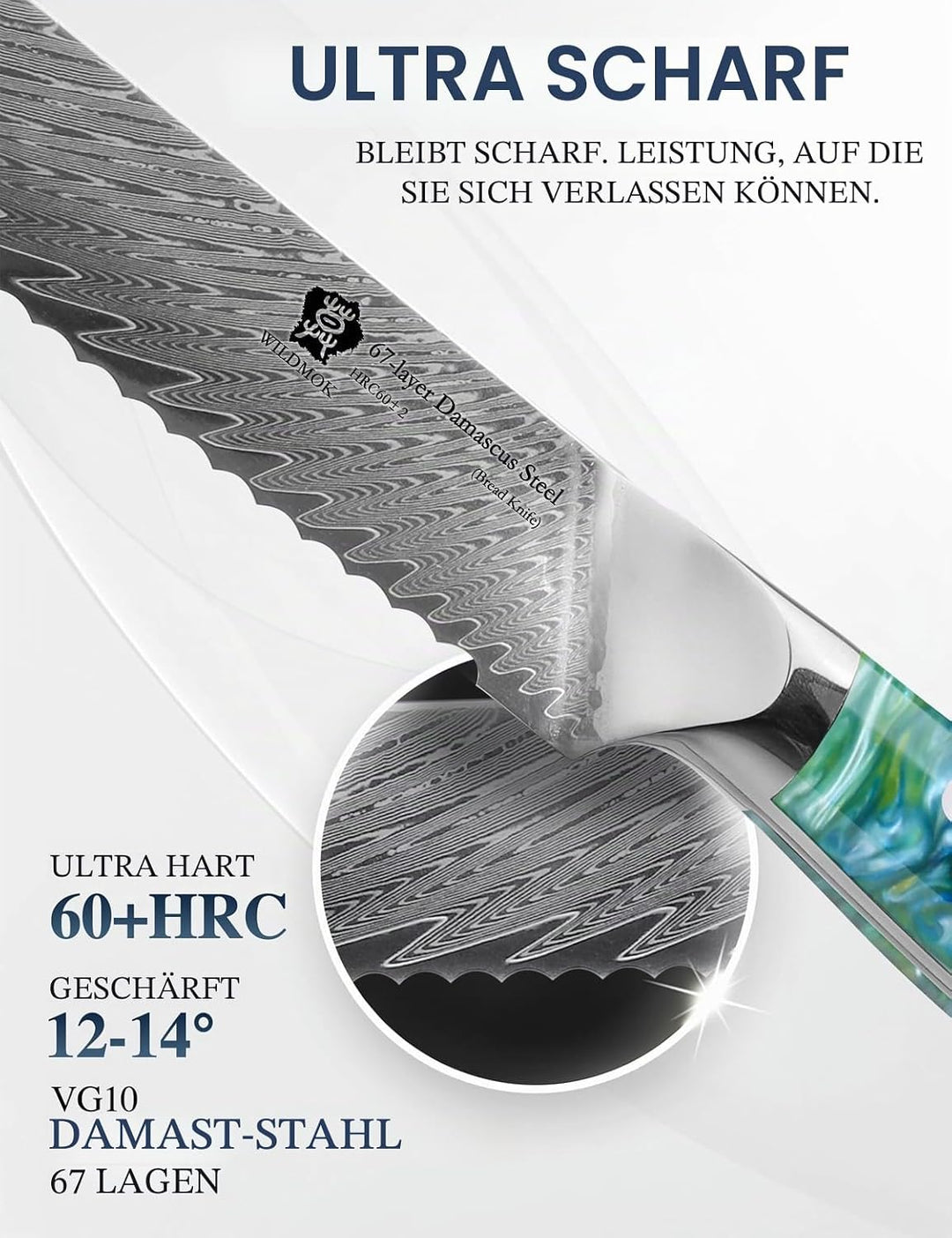 WILDMOK Brotmesser mit Wellenschliff, 20cm, robuster und langlebiger Harzgriff, Brotmesser aus 67 Sc