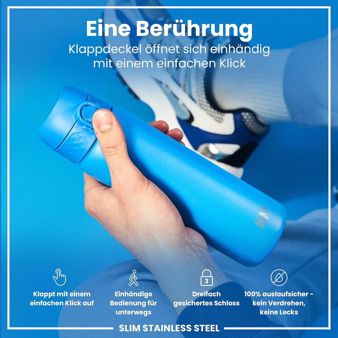 Ion8 Stahl-Trinkflasche, 600 ml, Auslaufsicher, Einhandöffnung, Sichere Verriegelung, Spülmaschinenf