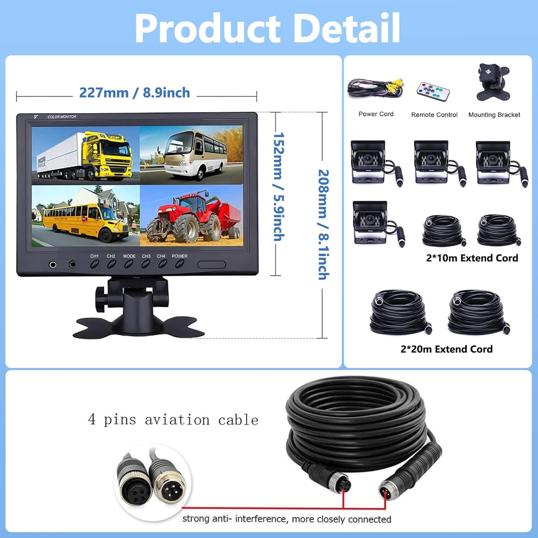 CAMECHO Rückfahrkamera 4 Kameras Set, 9 Zoll Monitor 4 Geteilte Rück und Vorder Kamera, Weitwinkel,