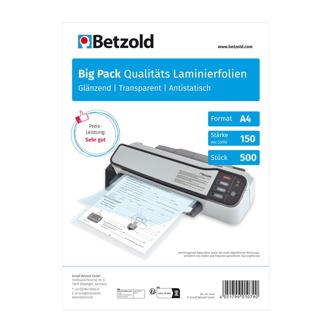 Betzold - Laminier-Folien A4 500 Stück Big-Pack 150 mic glänzend - Laminieren Kunststoff, Kunststoff