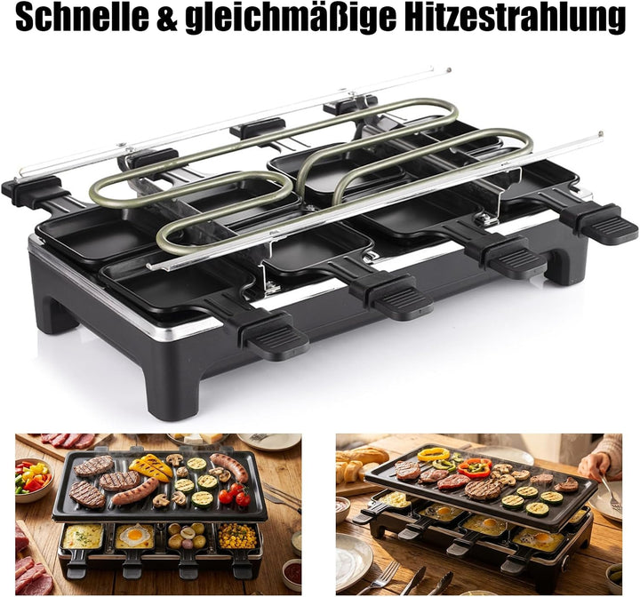 2-in-1 Raclette Set 8 Personen mit 8 Raclette Pfännchen, 40 x 20 cm | Antihaft Beschichtung Grillpfa
