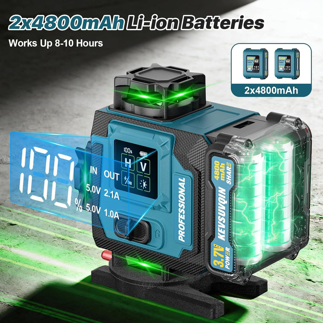 Kreuzlinienlaser mit Stativ,Laser Wasserwaage mit 2 x 4800 mAh Batterien/Grossformatiges LED-Anzeige