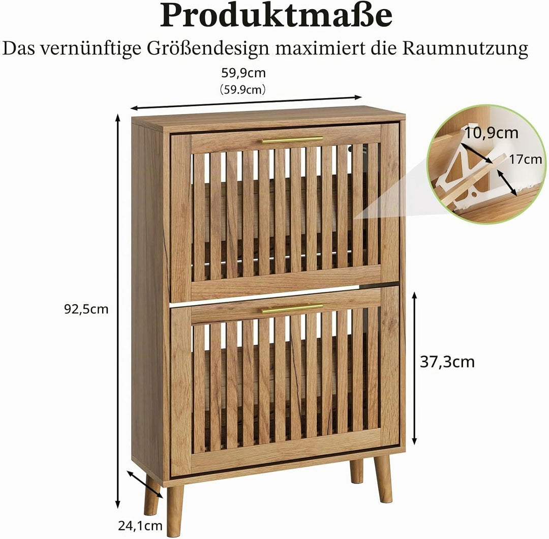 Schuhschrank mit Lamellen und 2 Klappschubladen, schmaler Schuhschrank für den Eingangsbereich, frei