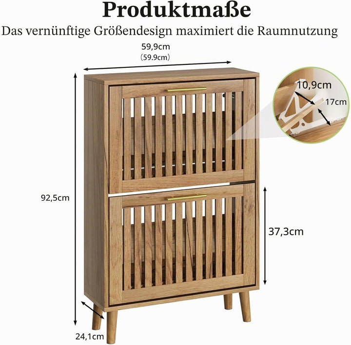 Schuhschrank mit Lamellen und 2 Klappschubladen, schmaler Schuhschrank für den Eingangsbereich, frei