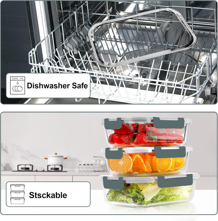 VERONES 10 Stück Glas Crisper Set, luftdichte Glas-Lunchbehälter, Abgedichtete & stapelbare Glasbehä