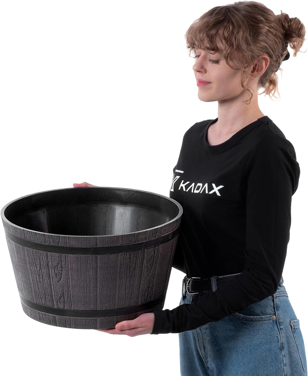 KADAX Pflanztopf im Holzfass-Design, ø 40cm, aus wetterfestem Kunststoff, für Garten, Terrasse & Bal