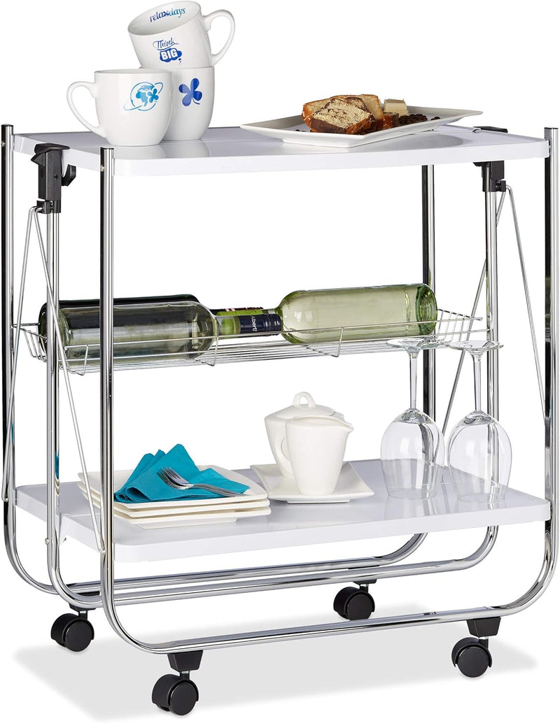 Relaxdays Servierwagen klappbar Weiss, 4 Rollen, Metall, 2 Böden, Korb, HxBxT 68,5 x 68 x 40,5 cm, K