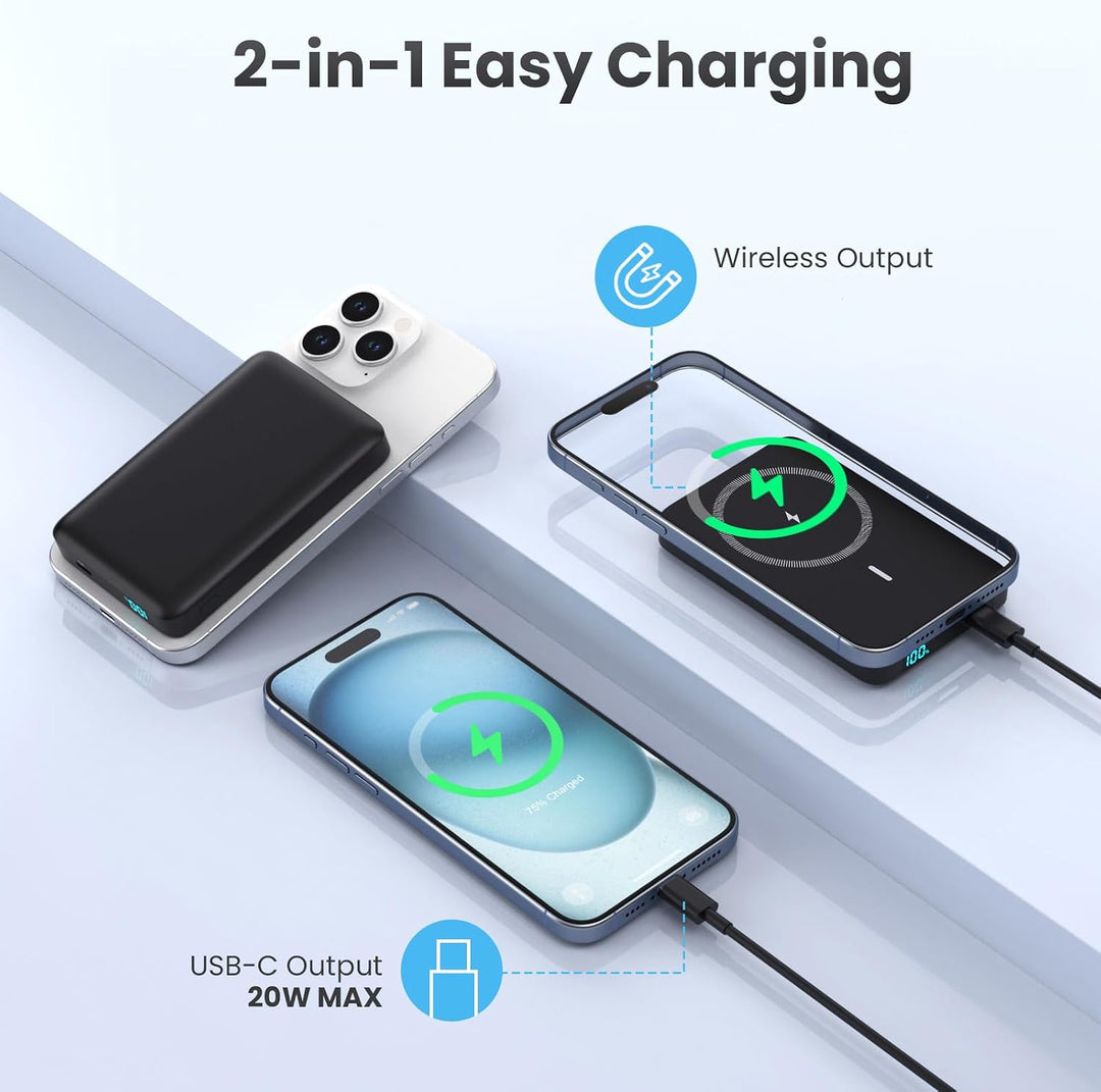 Magnetische Powerbank 10800mAh, PD 20W Schnellladung Wireless Power Bank mit USB-C Eingänge &amp; Ausgan