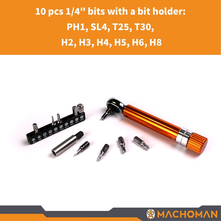 MACHOMAN 1/4" Dr. Taschen-Drehmomentschlüssel 2-14 Nm, Fahrradzubehör mit 10-Bit-Satz und magnetisch