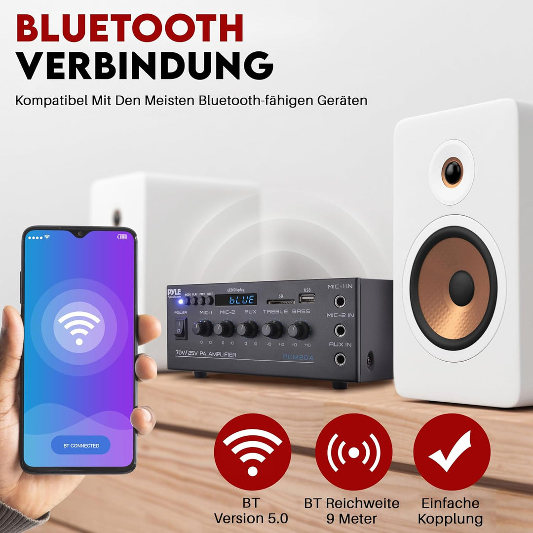 Pyle PA- Verstärker, Bluetooth Amplififer- 70 V/25 V mit 2 Mic- Eingängen, AUX, USB, SD, MP3, LED- D