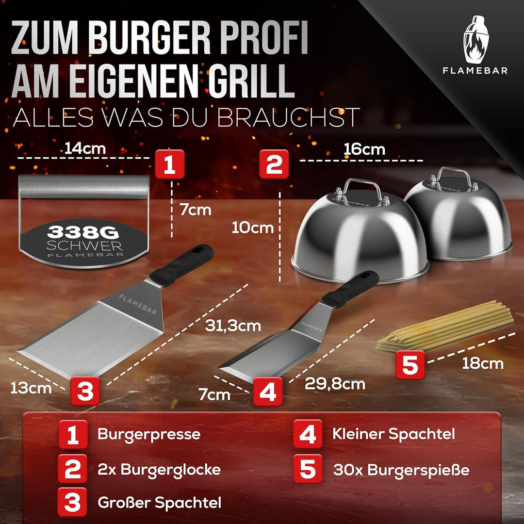 XXL Burgerpresse Set Edelstahl - 5-teilig I Smash Burger Set für 100% Burgergenuss I Burger Presse i