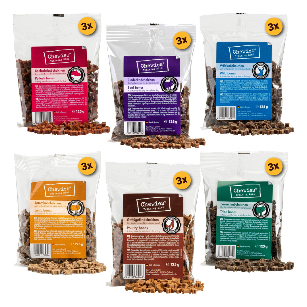 Chewies Hundeleckerli Mix-Paket, Training Mini Knöchelchen 18 x 125 g für Hunde - Rind, Pansen, Gefl
