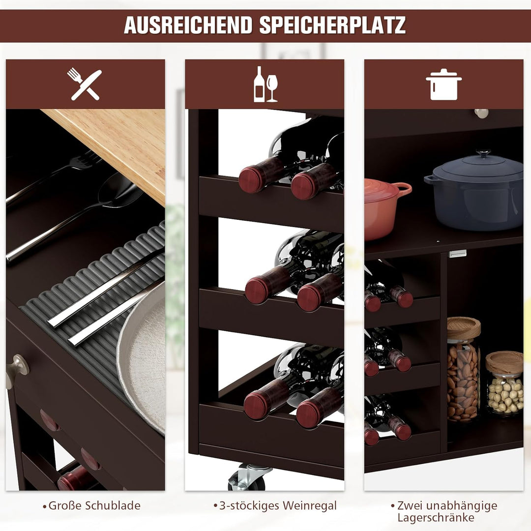 COSTWAY Küchenwagen auf Rollen, Servierwagen mit Schubladen &amp; 3-stöckigem Weinregal &amp; Arbeitsplatte,