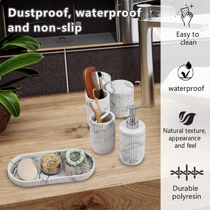 Badezimmer Set 6-TLG | Seifenspender + Zahnputzbecher mit Tablett & Wattestäbchenbox | Design Streif