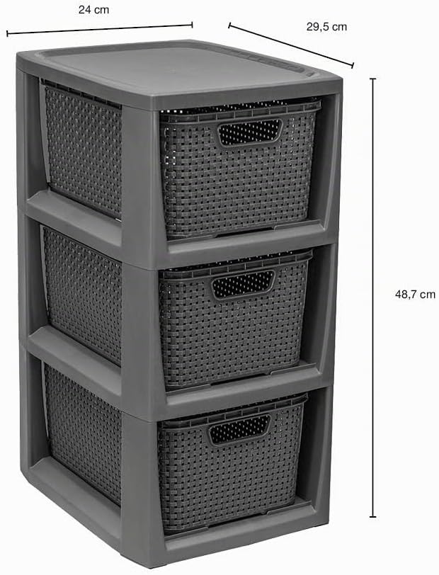 BranQ - Home essential Regal in Rattan Design, Kunststoff PP, Anthrazit, 29,5x24x48,7 cm 3 Körben An