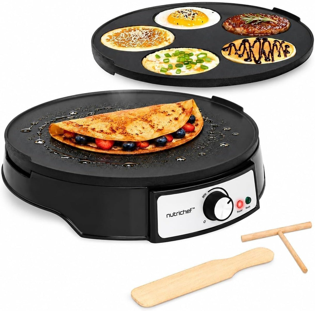 NutriChef Crepes Maker 30 cm mit Abnehmbarer Wendeplatte - Antihaft Oberfläche, LED Anzeige und Temp