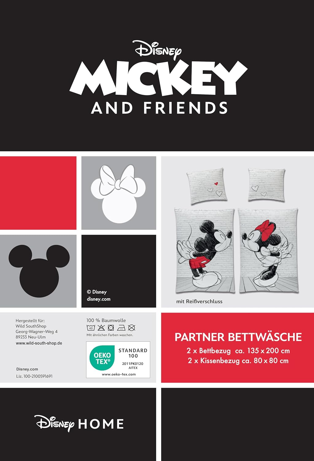 Disney Partnerbettwäsche Mickey & Minnie In Love 2X 80x80 + 135x200 cm, 100% Baumwolle/Doppelpack 13