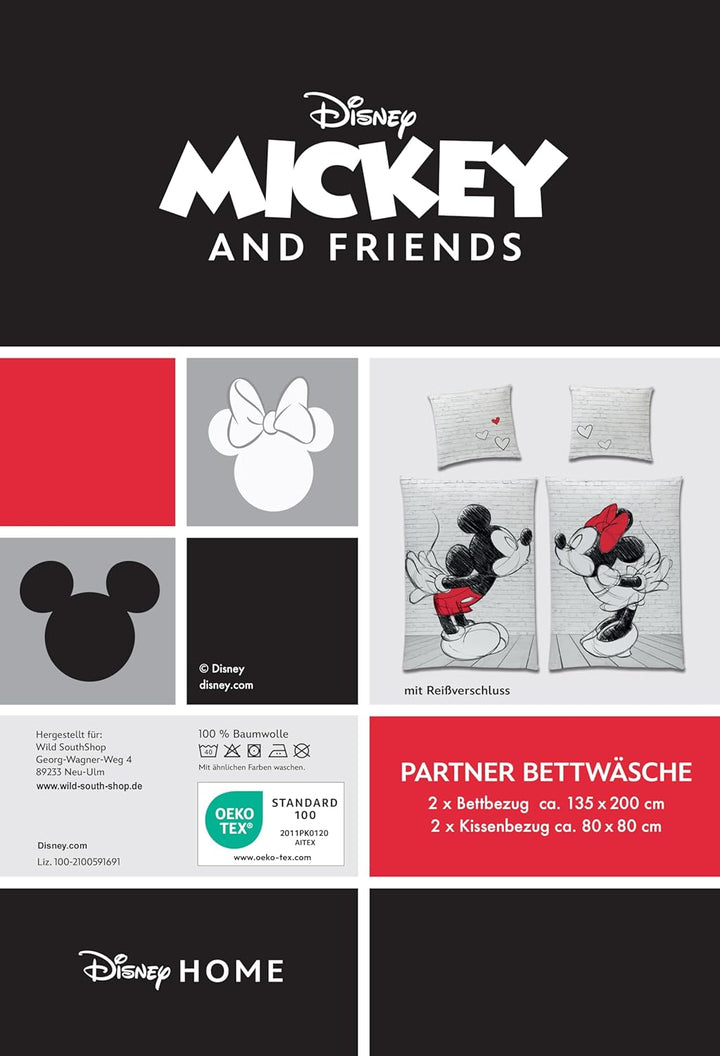 Disney Partnerbettwäsche Mickey & Minnie In Love 2X 80x80 + 135x200 cm, 100% Baumwolle/Doppelpack 13