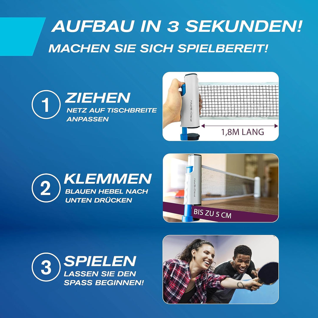PRO-SPIN Tischtennisschläger Set - Mit Tischtennisnetz Für Jeden Tisch, Tischtennis bälle 3-Sterne,