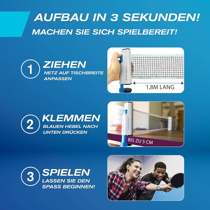 PRO-SPIN Tischtennisschläger Set - Mit Tischtennisnetz Für Jeden Tisch, Tischtennis bälle 3-Sterne,