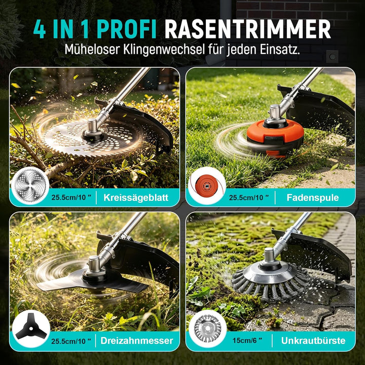 Akku Rasentrimmer mit 2 x 4.0Ah Batterien, 4-in-1 Elektrischer Akku Motorsense &amp; Rasentrimmer Rasen,